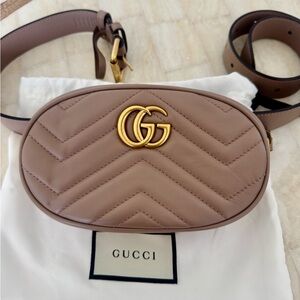Gucci Leather Marmont Bag on Belt in Taupe with Gold Tone Buckle